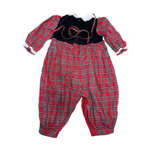 Vintage 90s Christmas outfit jumper 24 mo plaid frilly snaps velvet retro - Picture 3 of 6